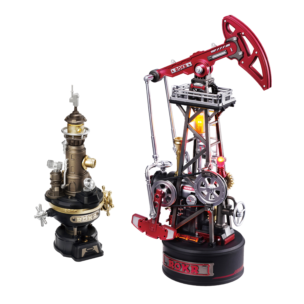 Navi Lighthouse connected with red oil pump jack industrial model