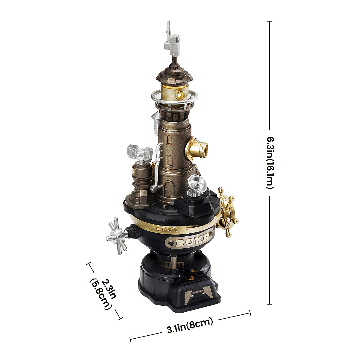 Navi Lighthouse CGM01 size graphic showing 16.1cm height, 8cm width, and 5.8cm depth