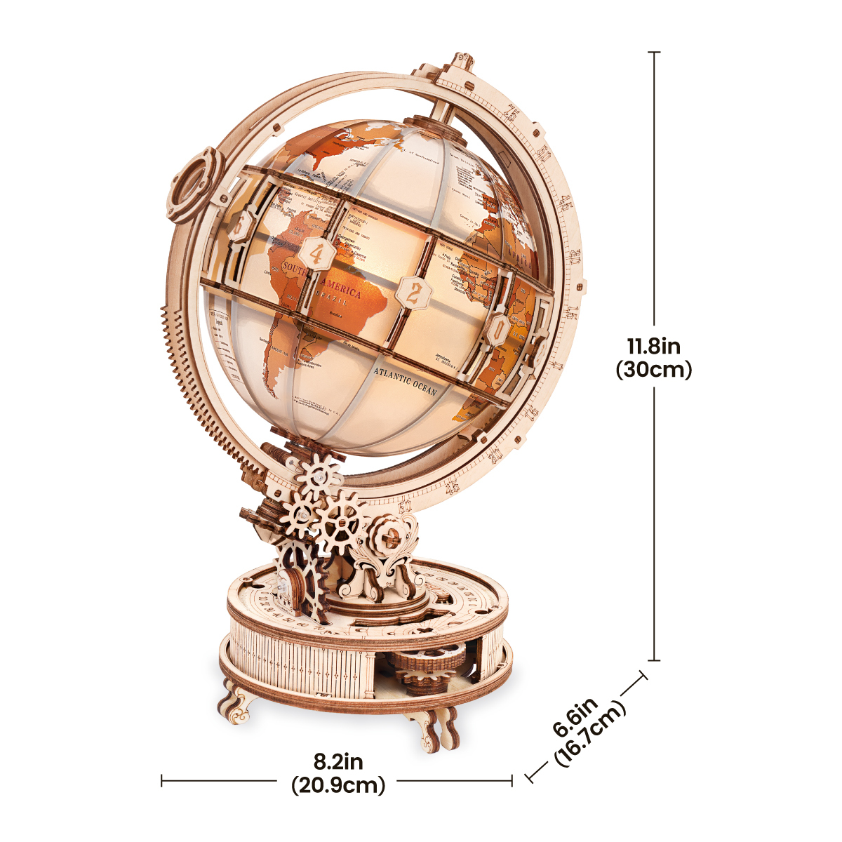 Luminous Globe ST003D size graphic showing 30cm height, 20.8cm width, and 16.8cm depth