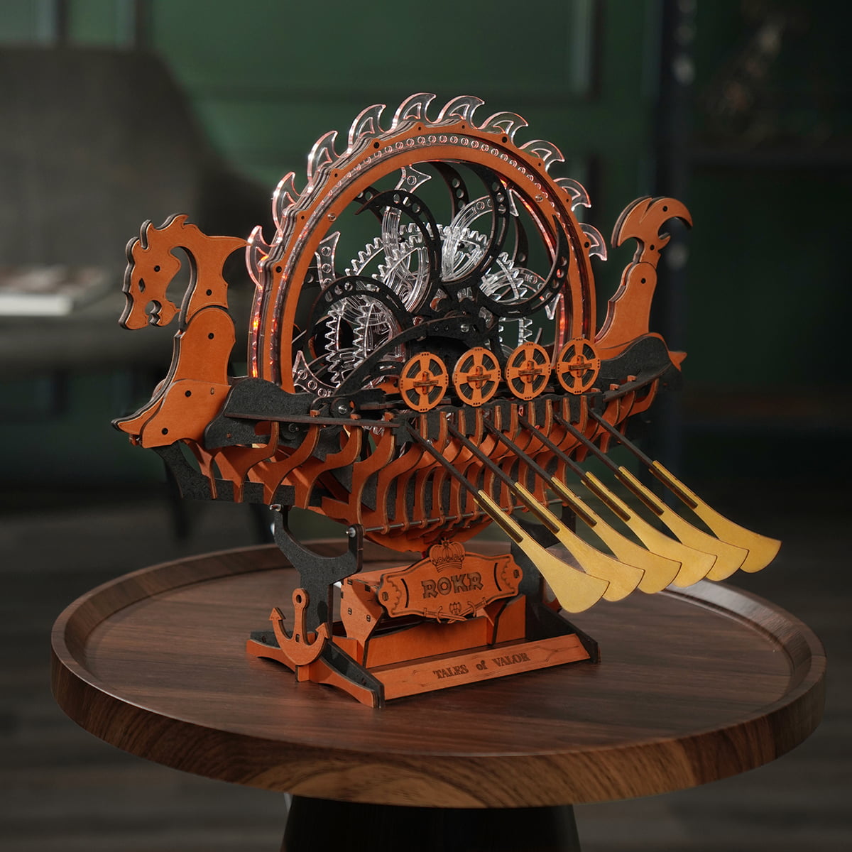 ROKR Viking Dragon Ship LK802 mechanical wooden puzzle on round table