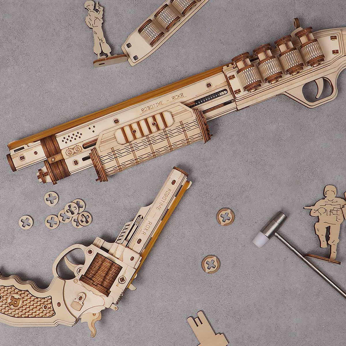 ROKR wooden gun model set with loose puzzle parts and tools