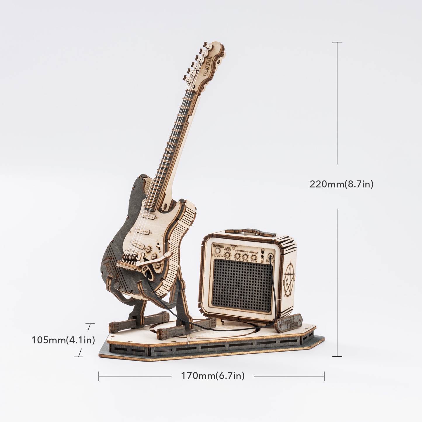 ROKR Guitare Électrique TG605K taille graphique avec dimensions assemblées