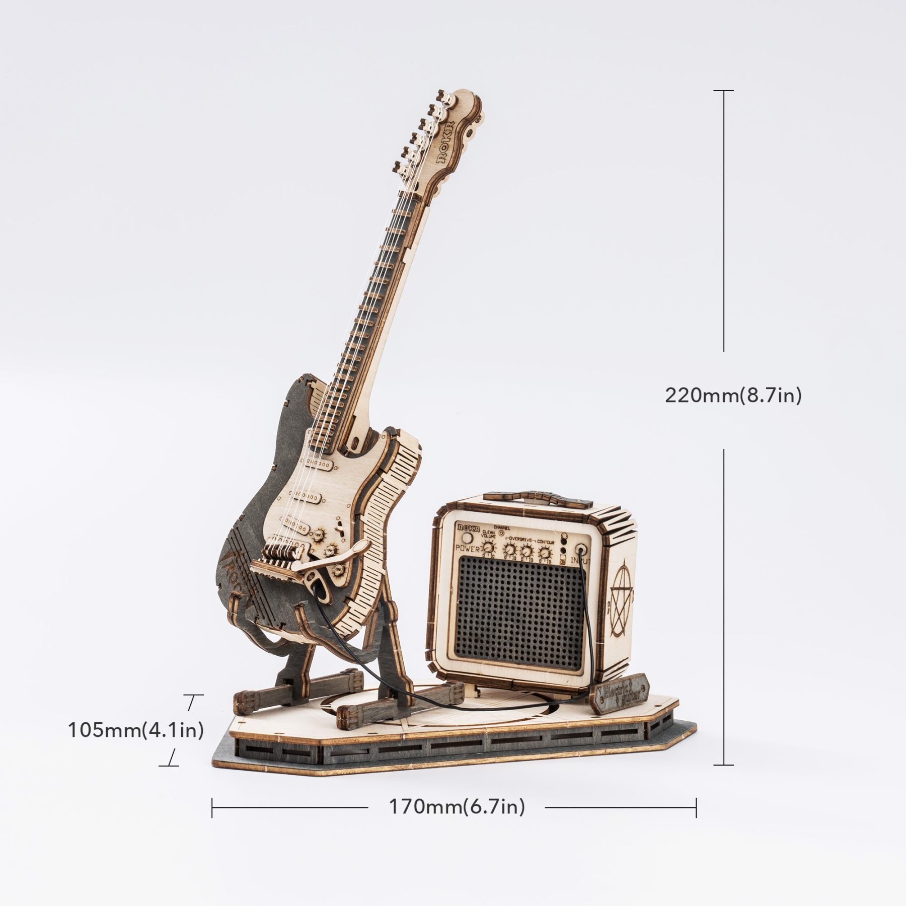 ROKR Guitare Électrique TG605K taille graphique avec dimensions assemblées