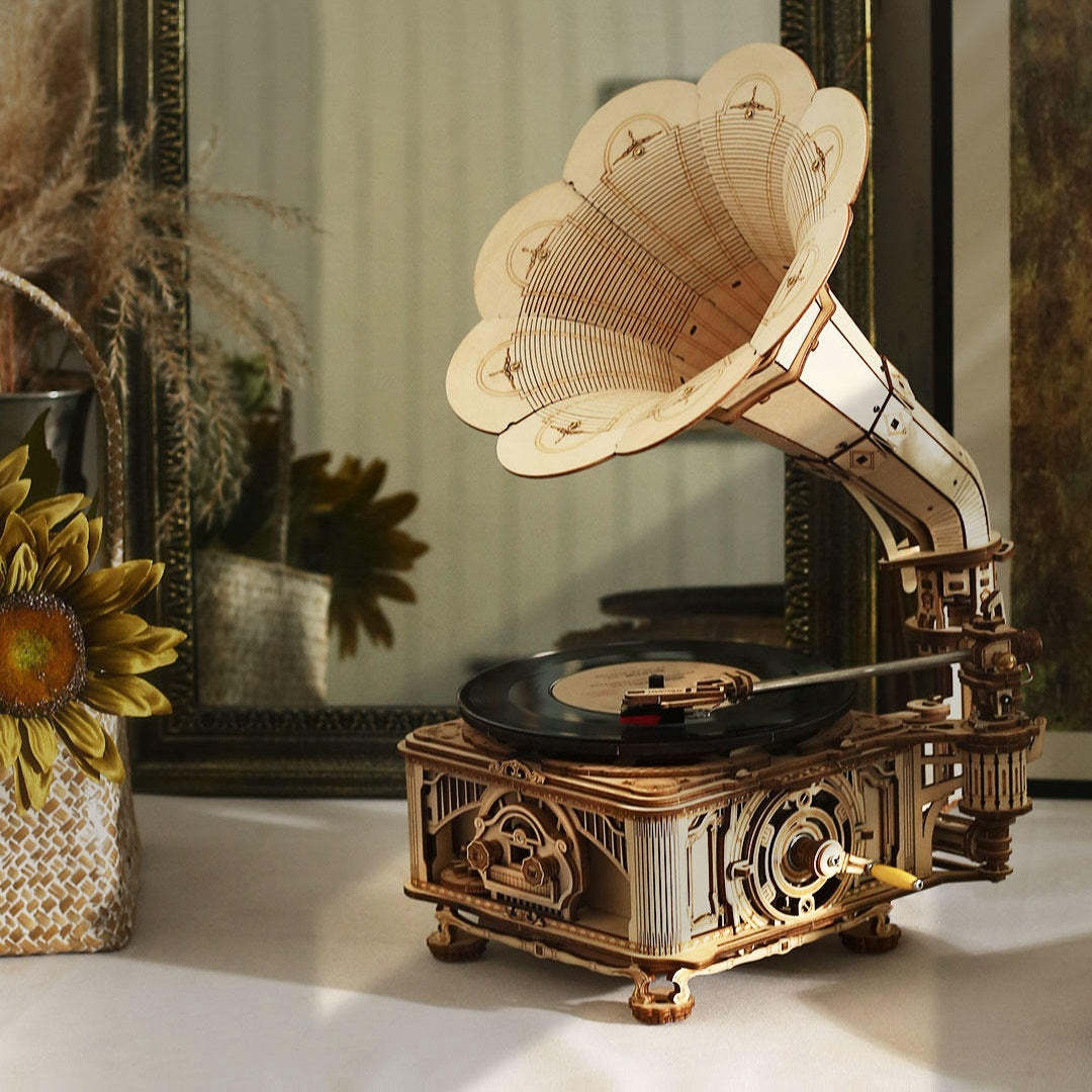 ROKR Classic Gramophone LKB01 geassembleerd model nabij bloemen en raam