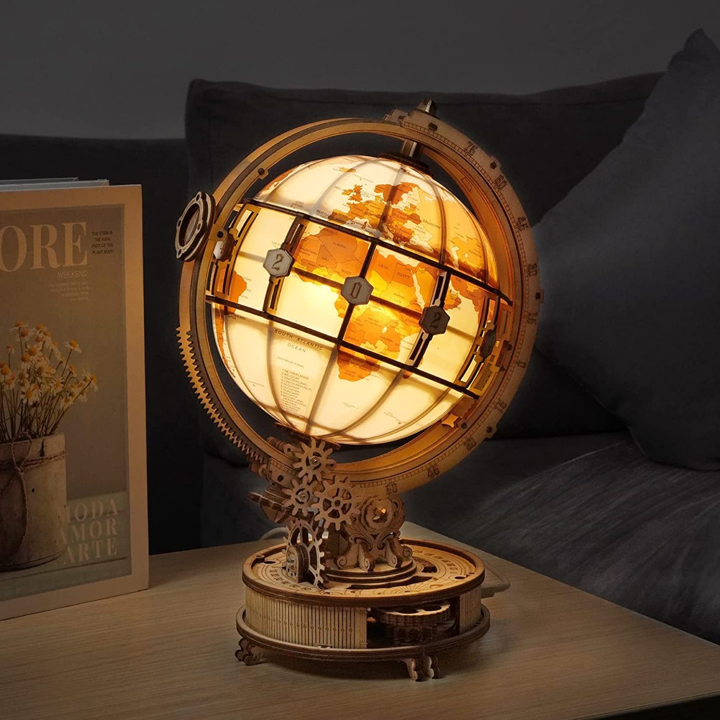 ROKR Luminous Globe ST003 glowing wooden globe model in dark room