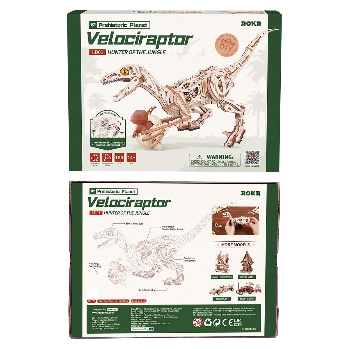 ROKR Velociraptor LD01 paquet avant et arrière avec modèle de dinosaure complet