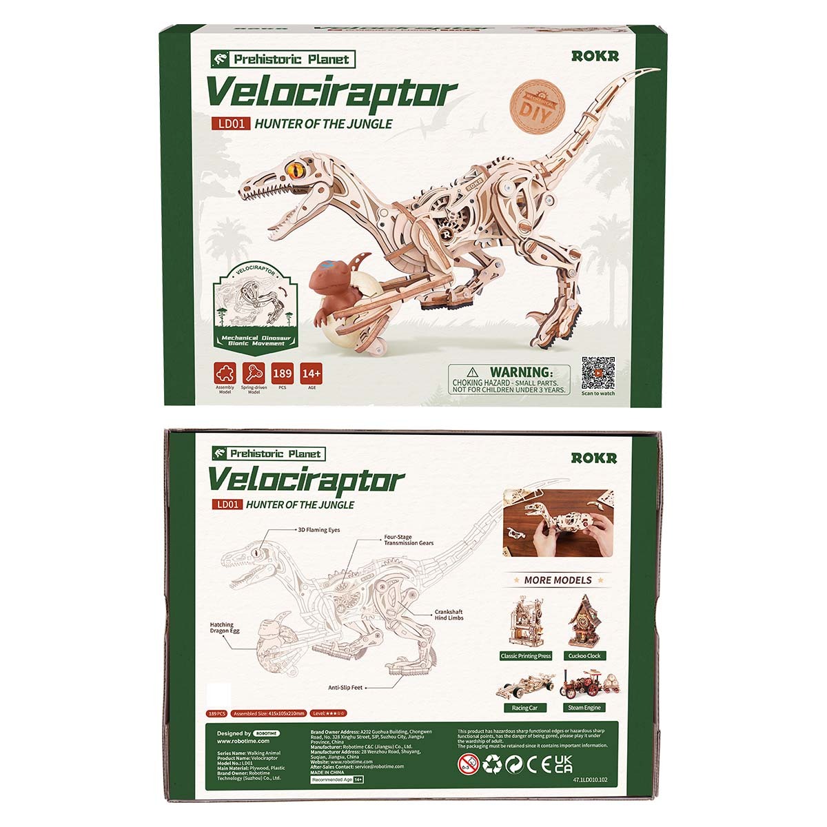 ROKR Velociraptor LD01 paquet avant et arrière avec modèle de dinosaure complet