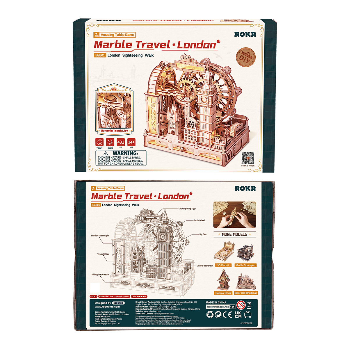 ROKR Marble Travel London EGB01 package box with completed wooden marble run
