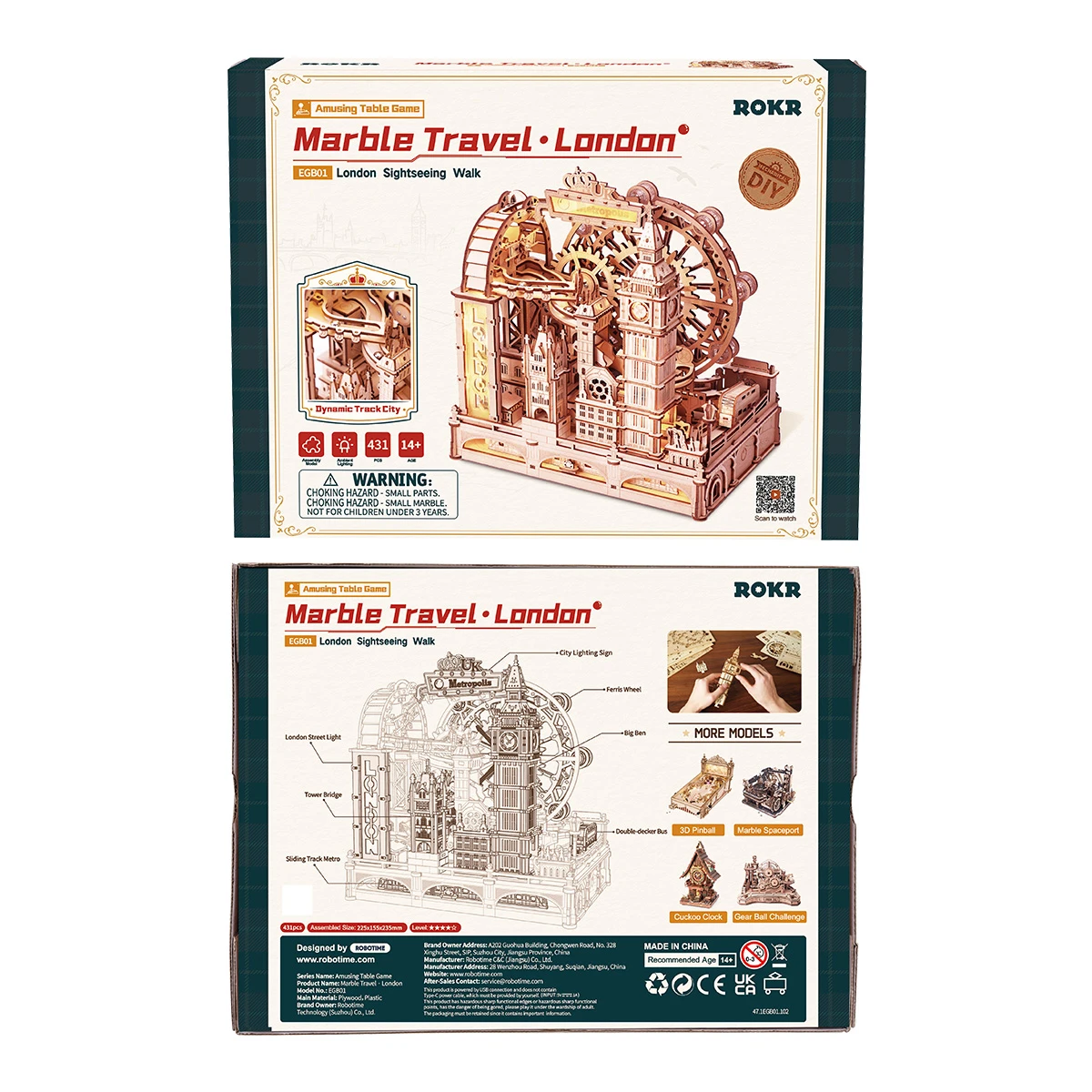ROKR Marble Travel London EGB01 package box with completed wooden marble run