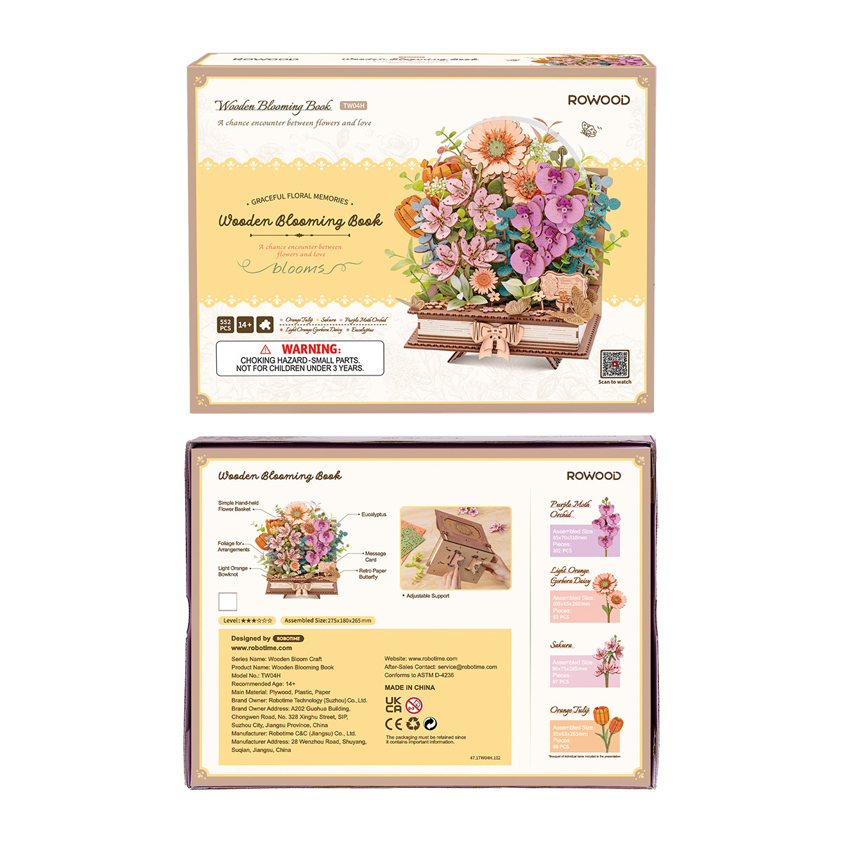 Wooden Blooming Book TW04H size graphic showing 26.5cm height, 27.5cm width, and 18cm depth