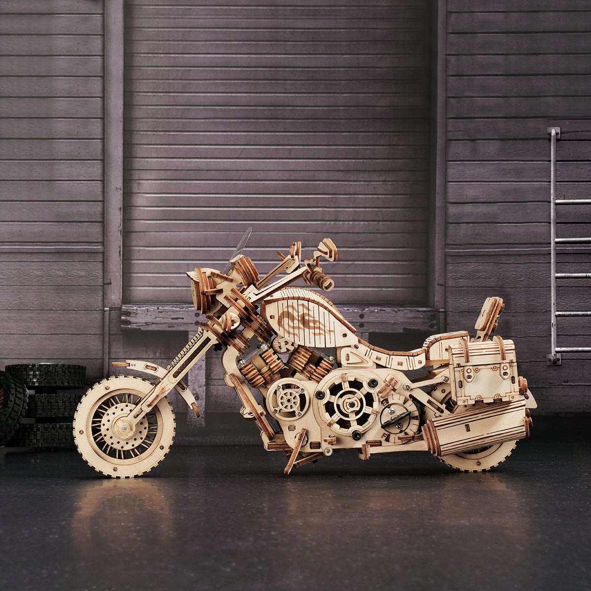 ROKR Cruiser Motorcycle LK504 wooden motorcycle on dark showroom floor