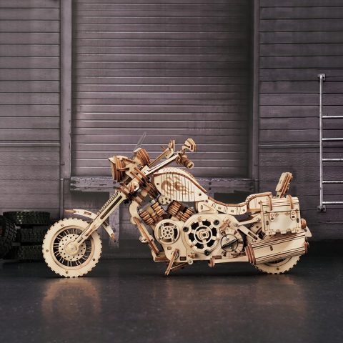 ROKR Cruiser Motorcycle LK504 wooden motorcycle on dark showroom floor
