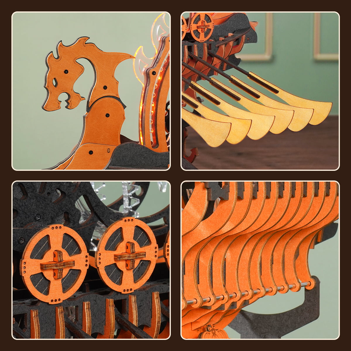 ROKR Viking Dragon Ship LK802 details including dragon head, oars and gears