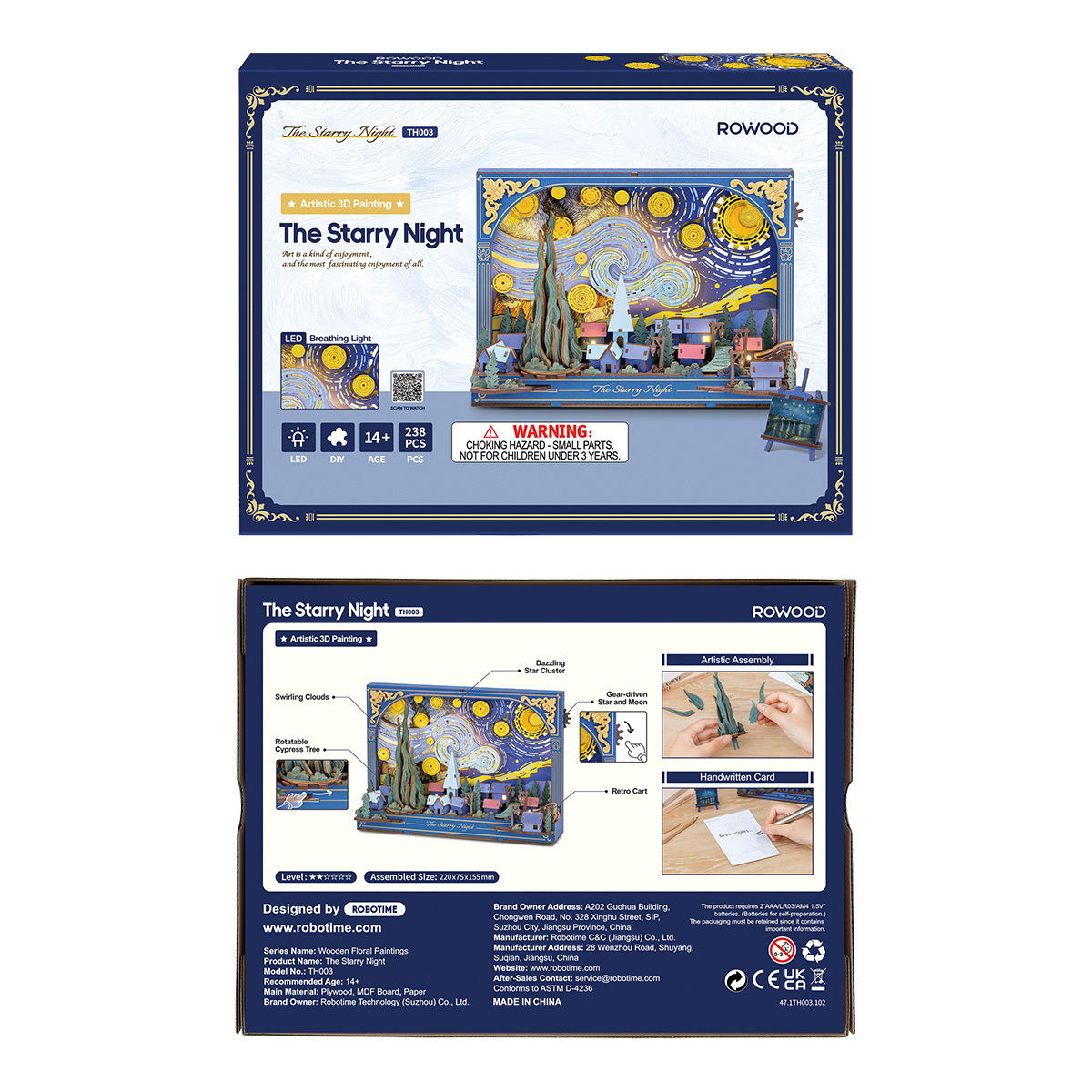 La graphique de The Starry Night TH003 montrant une hauteur de 15,5 cm, une largeur de 22 cm et une profondeur de 7,5 cm.