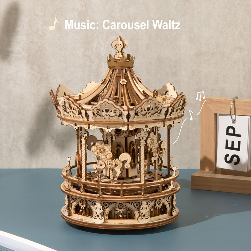 ROKR Romantic Carousel AMK62 assembly scene with parts sheet and manual