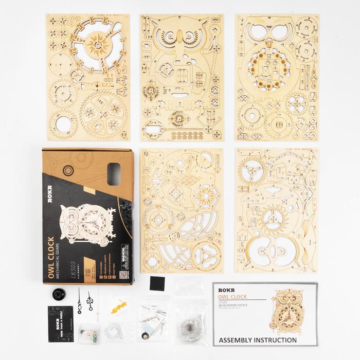 ROKR Owl Clock LK503 laser-cut parts sheet and accessory layout