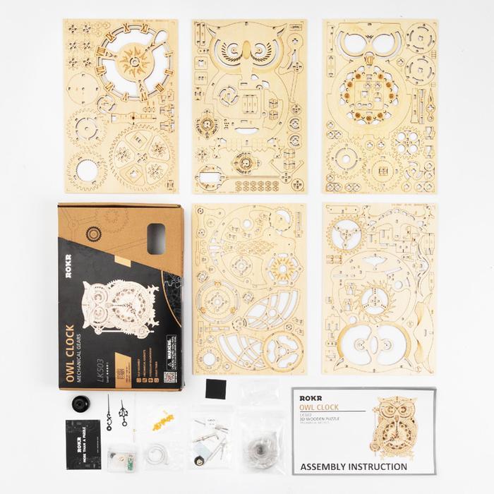 ROKR Owl Clock LK503 laser-cut parts sheet and accessory layout