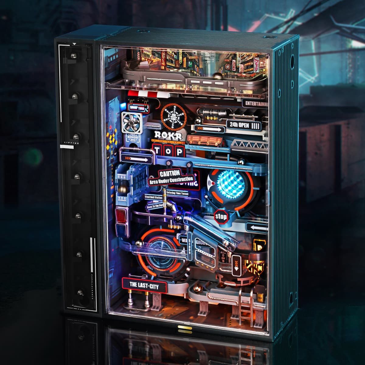ROKR The Last City MR01S illuminated marble run cabinet with blue city lights