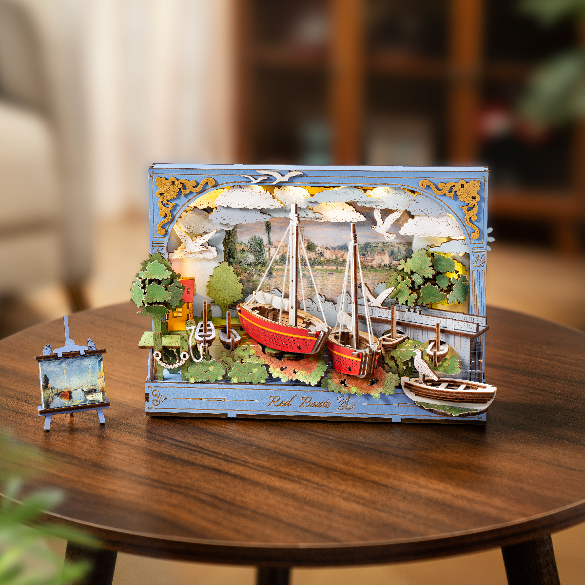 Rowood Red Boats TH004 finished wooden art puzzle with red sailboats and lighted layered frame