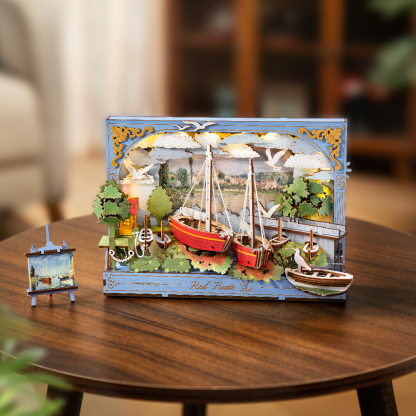 Rowood Red Boats TH004 finished wooden art puzzle with red sailboats and lighted layered frame