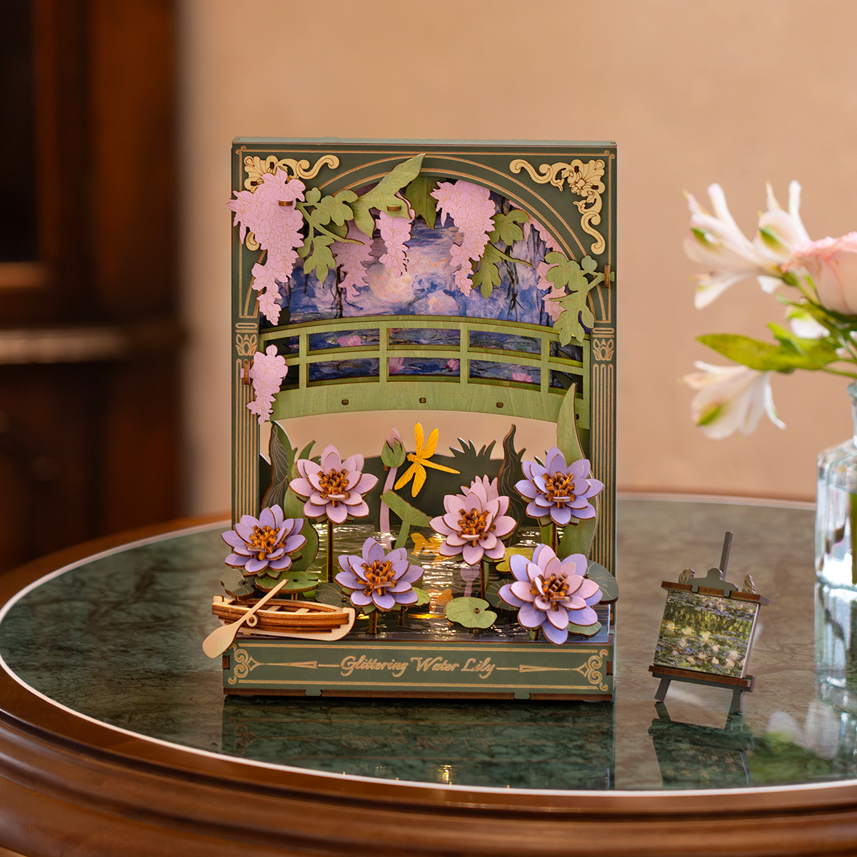 Rowood Glittering Water Lily TH001 3D wooden puzzle displayed on glass table