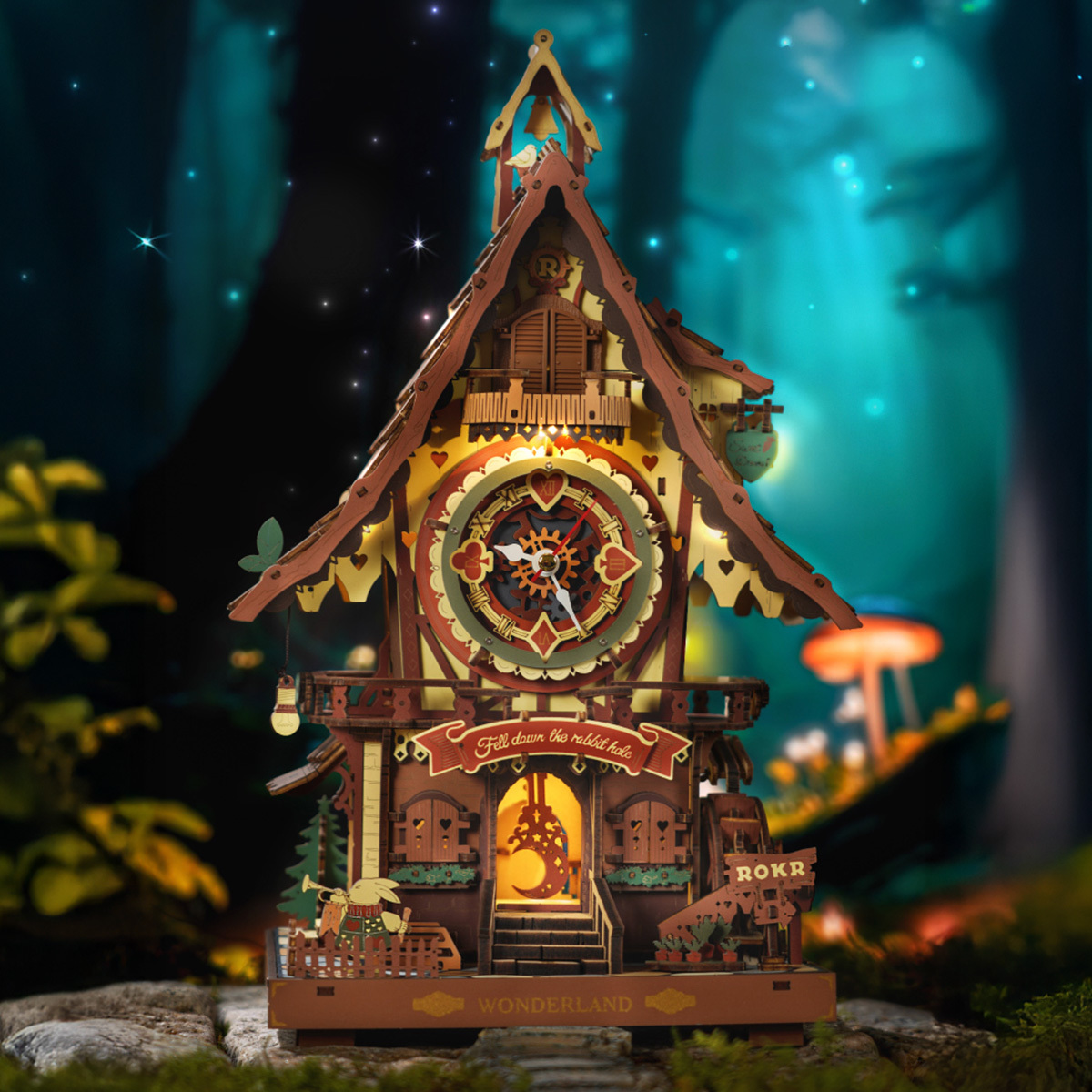 ROKR Cuckoo Clock glowing fairy house displayed in blue forest scene