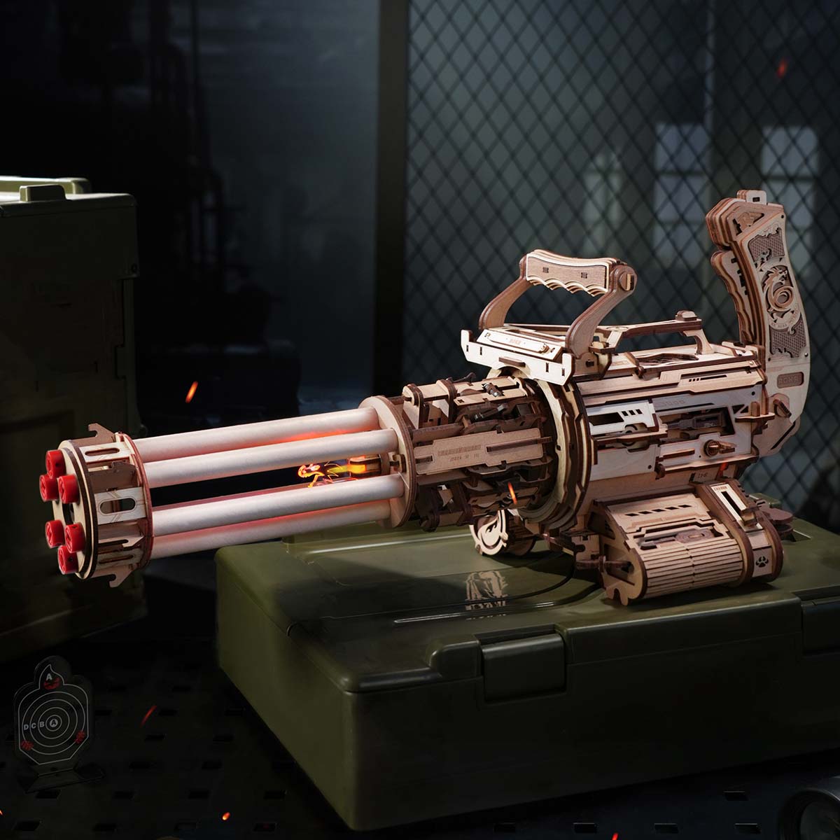 ROKR Rotating-Barrel Machine Gun LQA01 wooden puzzle displayed on dark tabletop
