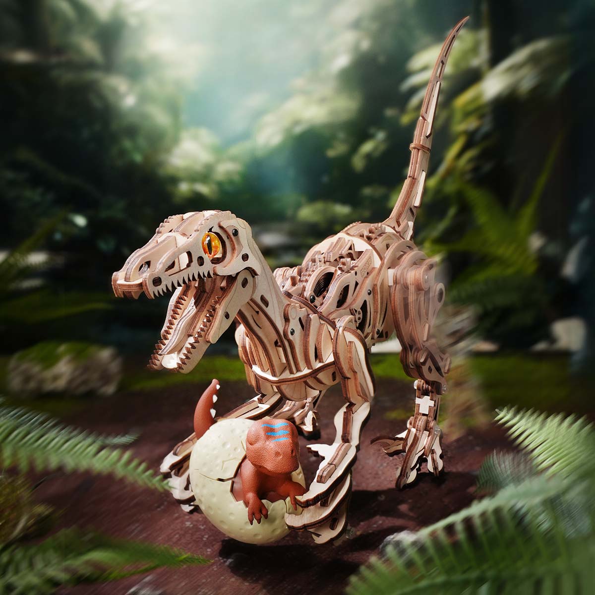 ROKR Velociraptor LD01 wooden dinosaur puzzle hatching from an egg in jungle scene