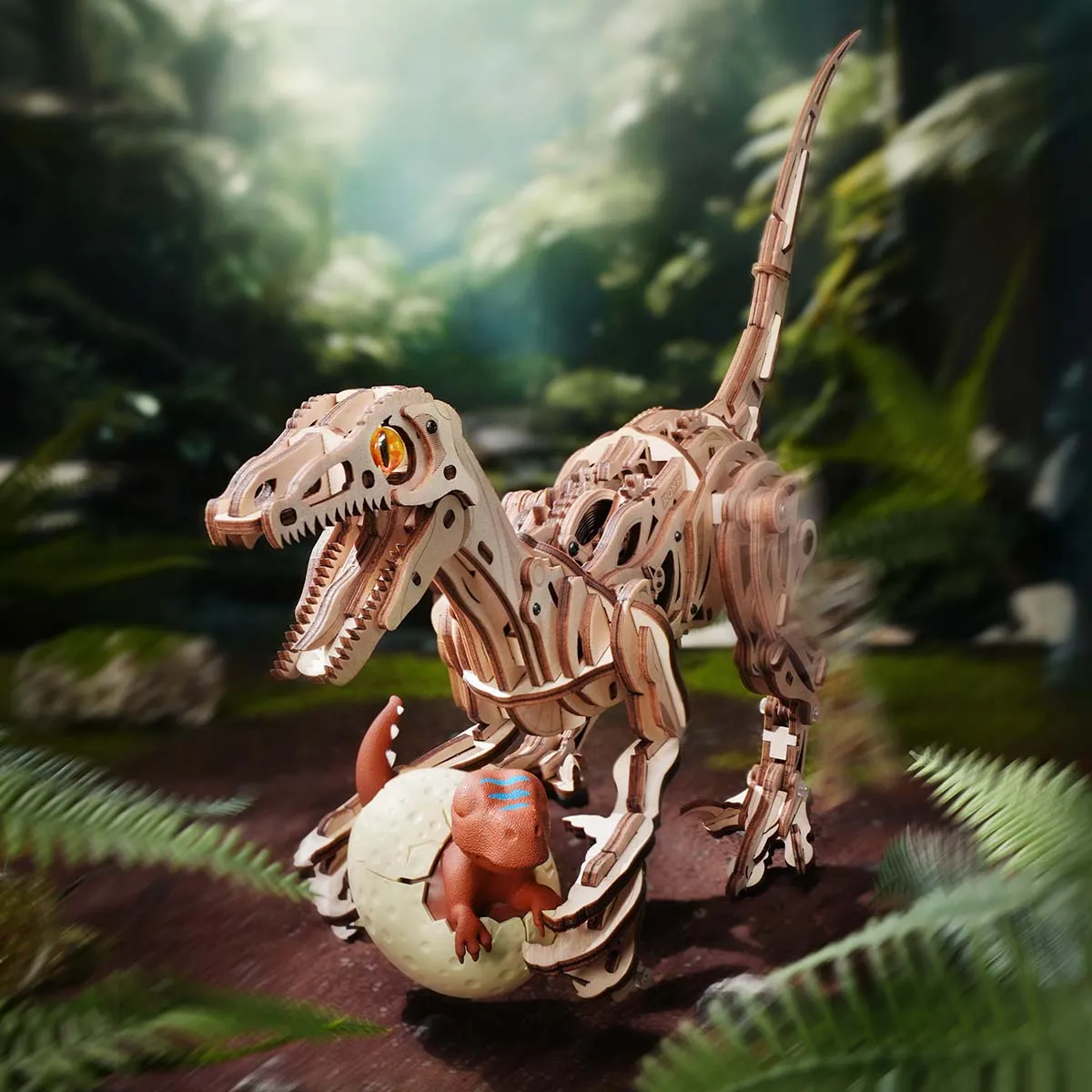 ROKR Velociraptor LD01 wooden dinosaur puzzle hatching from an egg in jungle scene