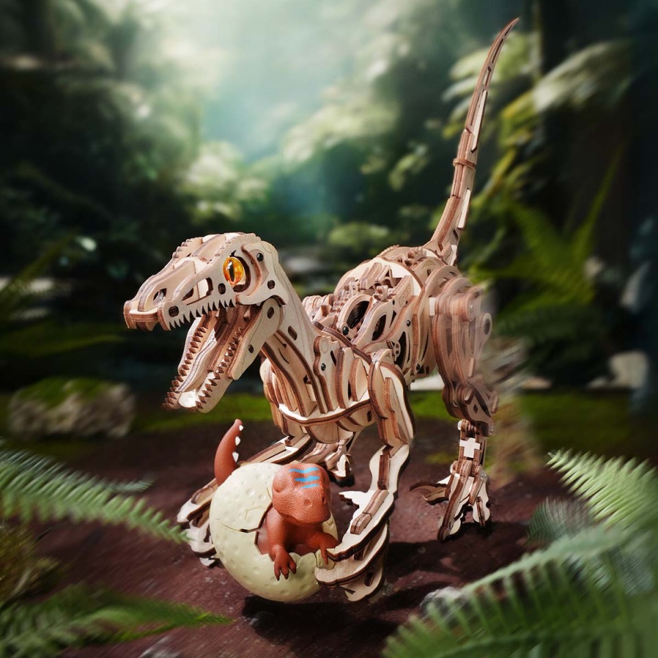 ROKR Velociraptor LD01 wooden dinosaur puzzle hatching from an egg in jungle scene
