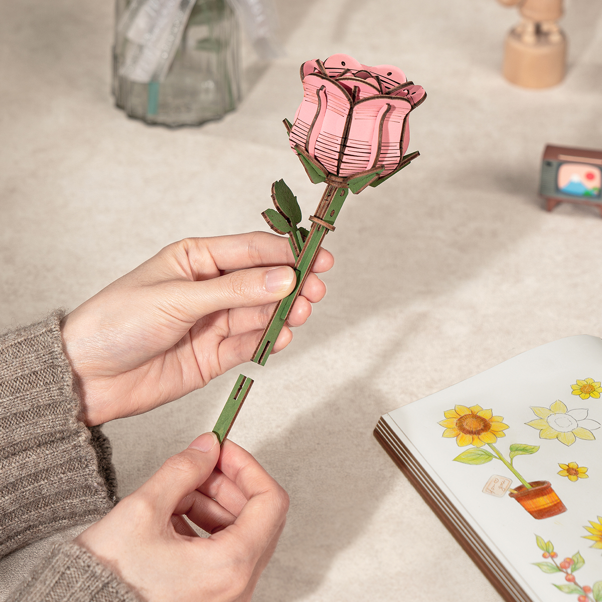 Rowood Wooden Flower Bouquet pink rose stem assembly