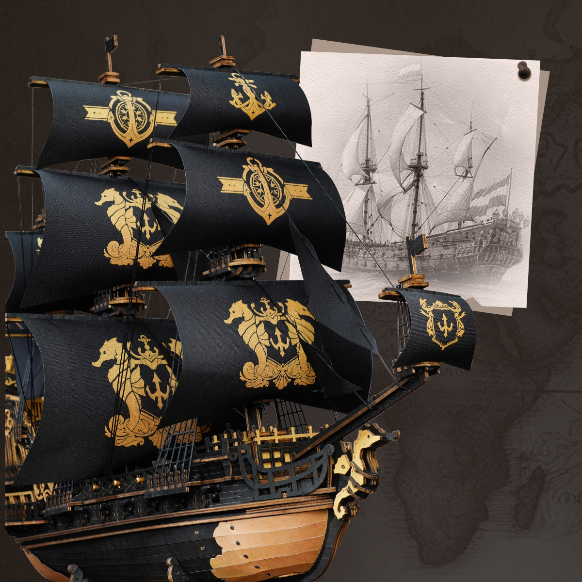 ROKR The Seahorse Barque MCB02 ship beside vintage sailing sketch