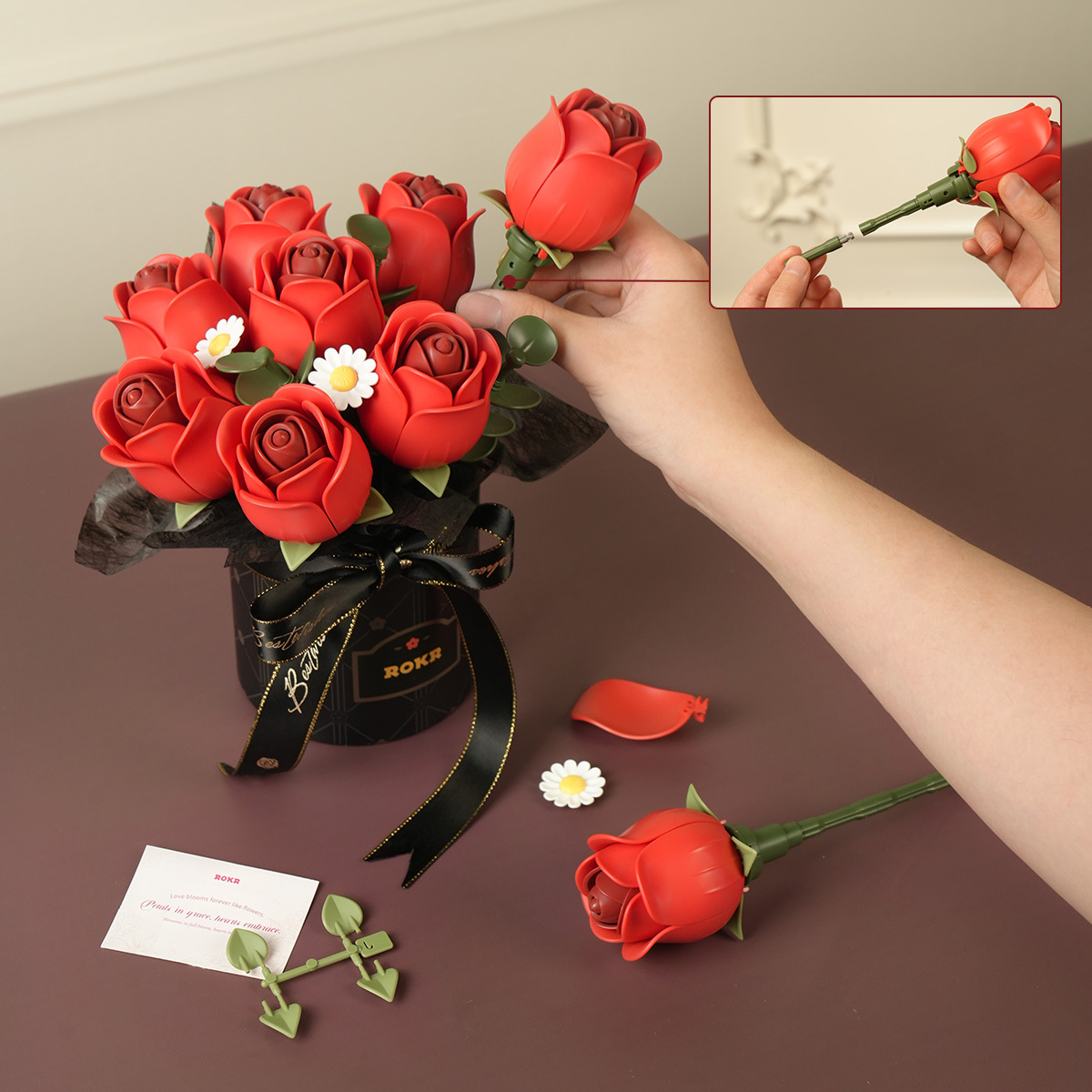 Red Rose Bouquet adjustable stem assembly close-up