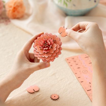 Rowood Pink Dahlia wooden flower petal assembly close-up