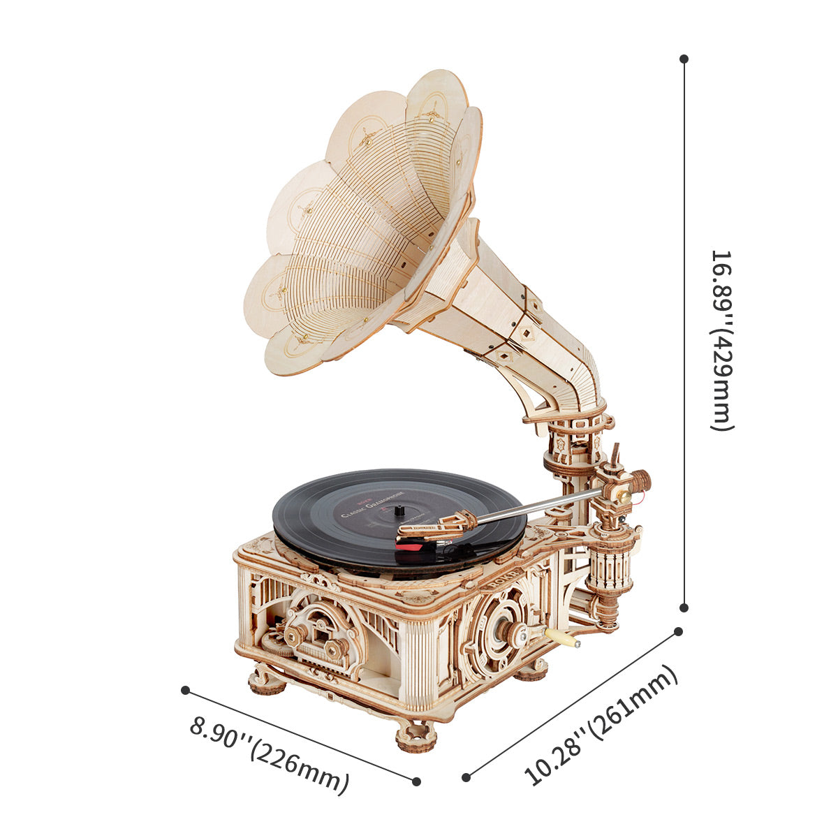 ROKR Classic Gramophone LKB01D size graphic with assembled dimensions