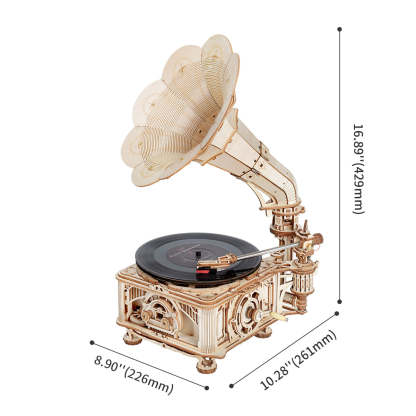 ROKR Classic Gramophone LKB01D size graphic with assembled dimensions
