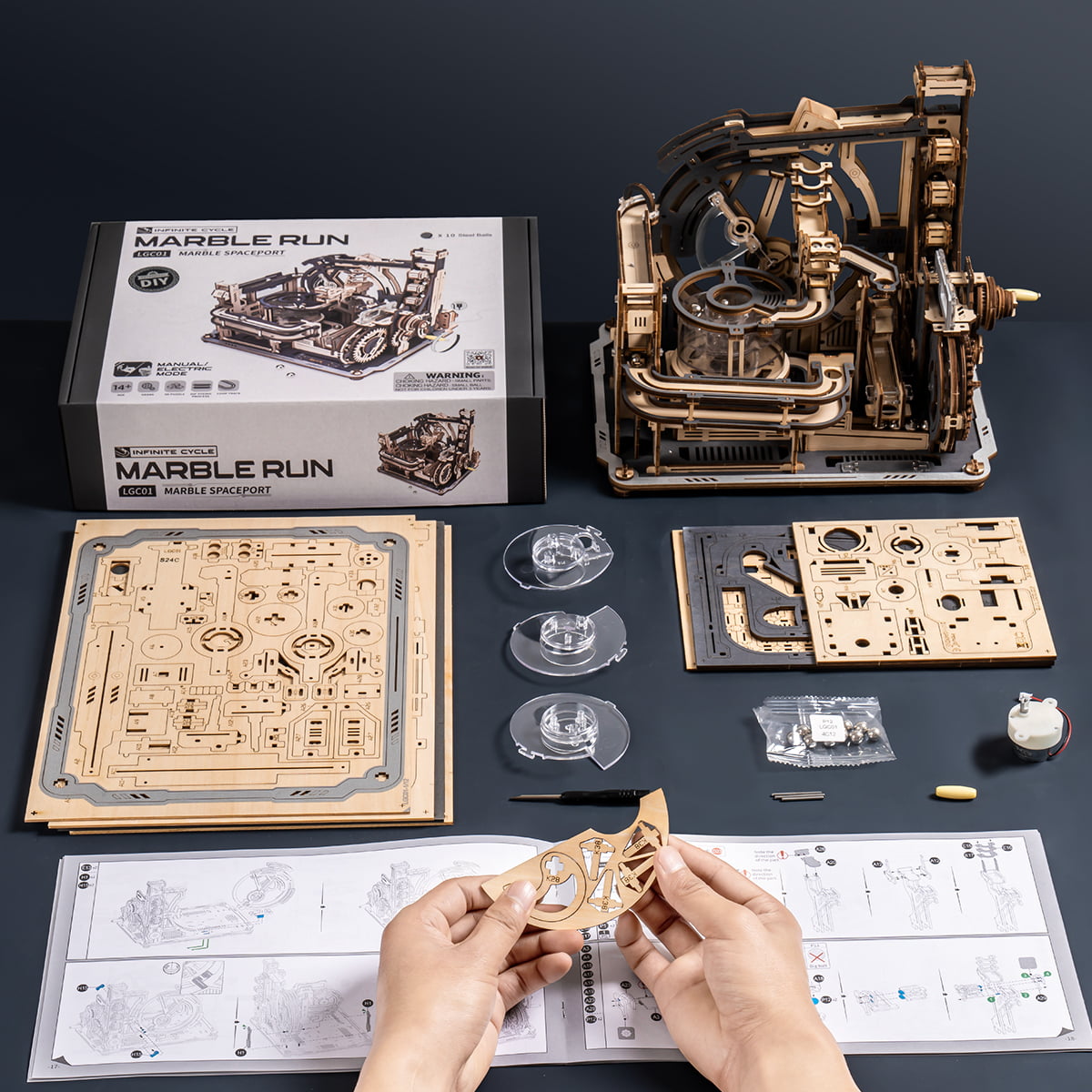 ROKR Marble Spaceport LGC01 kit contents and assembly layout