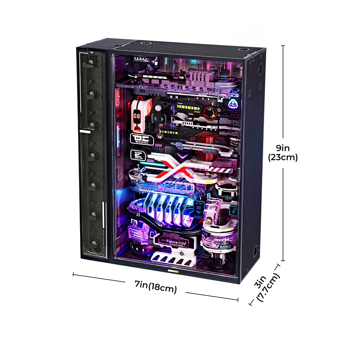 ROKR The Future City MR02S size graphic showing 7 inch wide cabinet