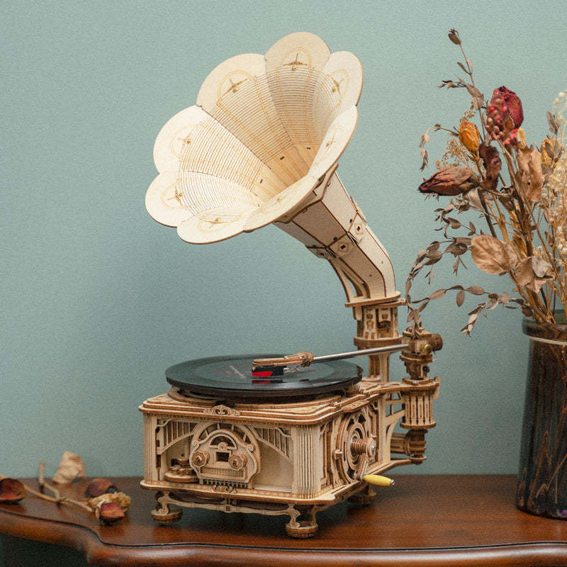 ROKR Classic Gramophone LKB01 houten puzzel met bloemenhoorn en plaat