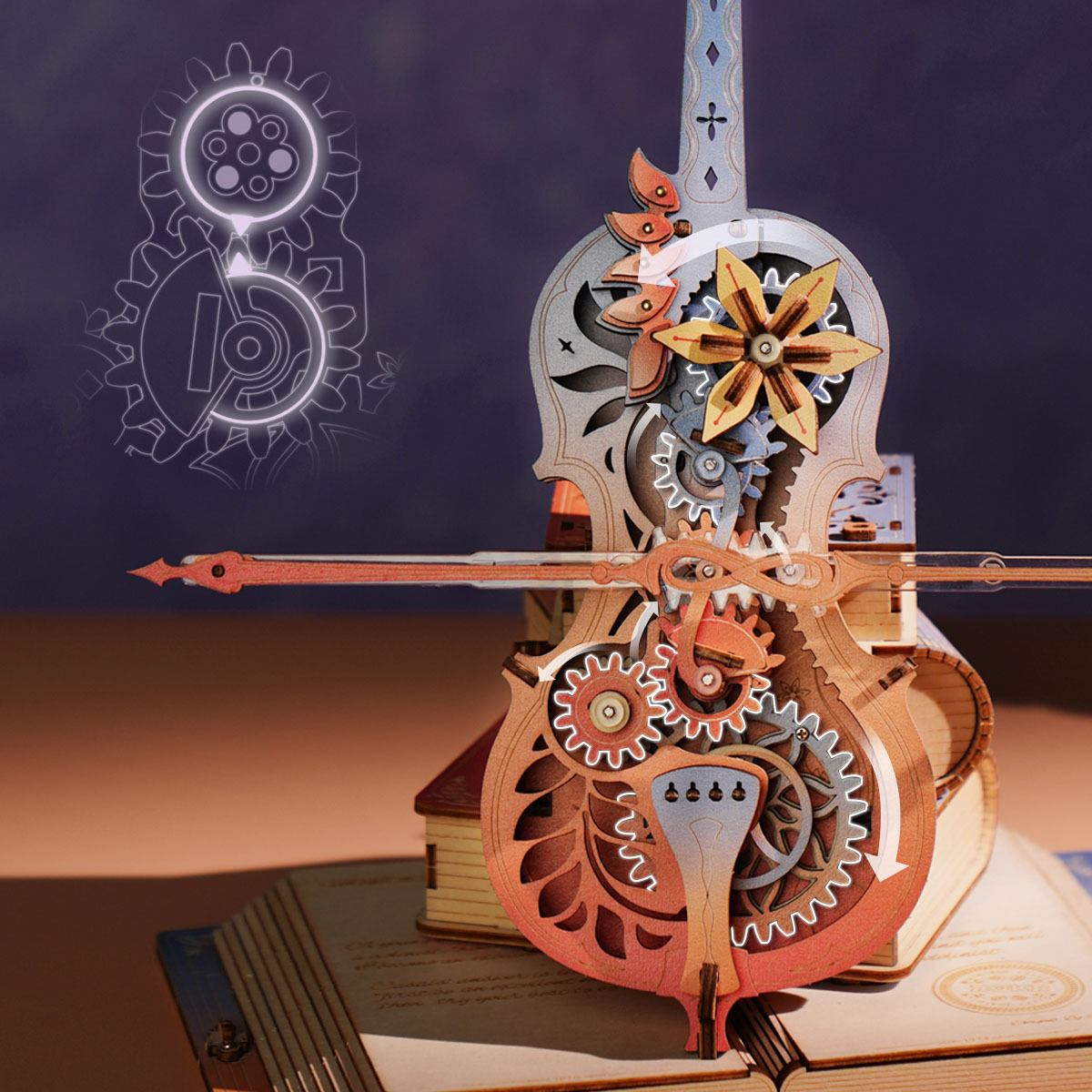 ROKR Symphony of Gorgeous Dreams AMK63M gear transmission close-up behind violin body
