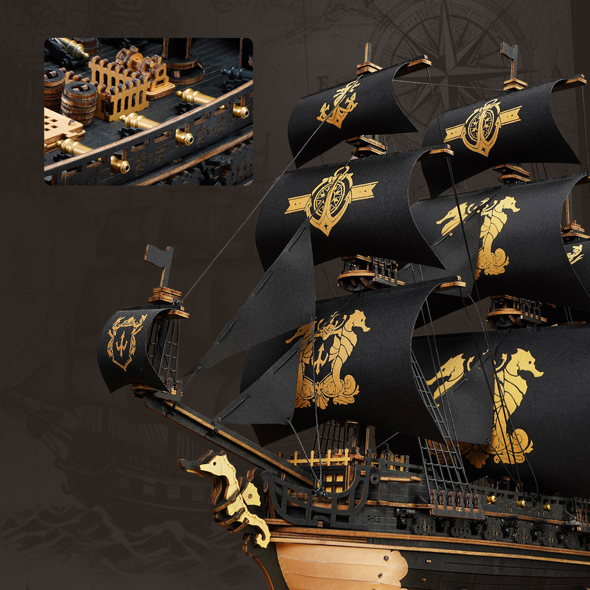 ROKR The Seahorse Barque MCB02 close-up of black sails and golden deck details