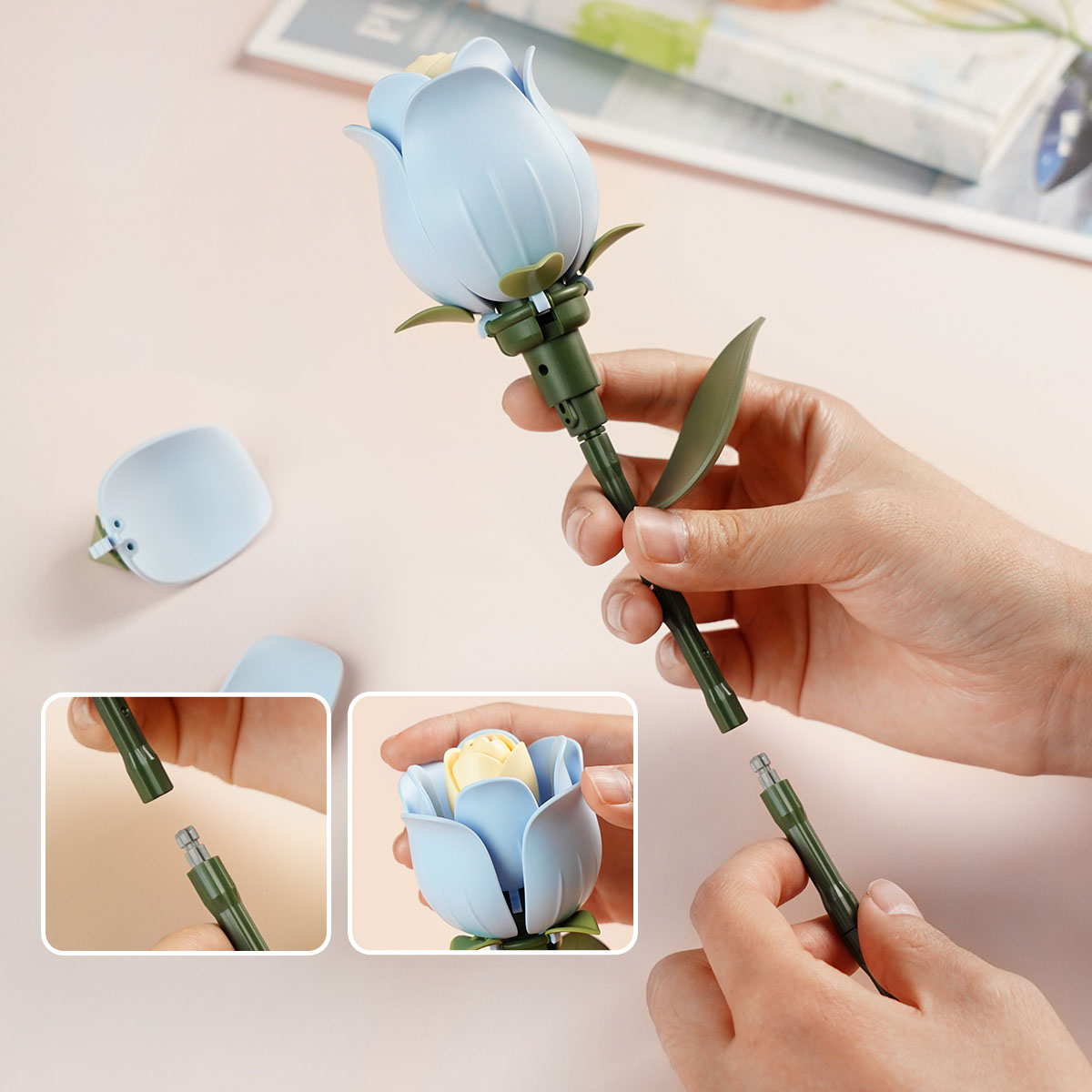 ROKR Assemblage de tige de camélia rose clair avec des pétales bleus en art floral
