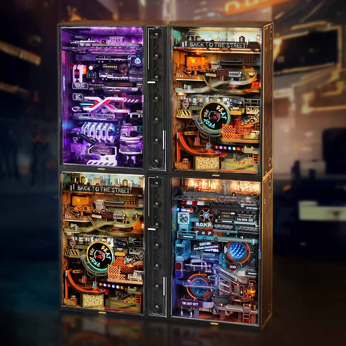 ROKR connected marble run city blocks displayed with colorful lighting
