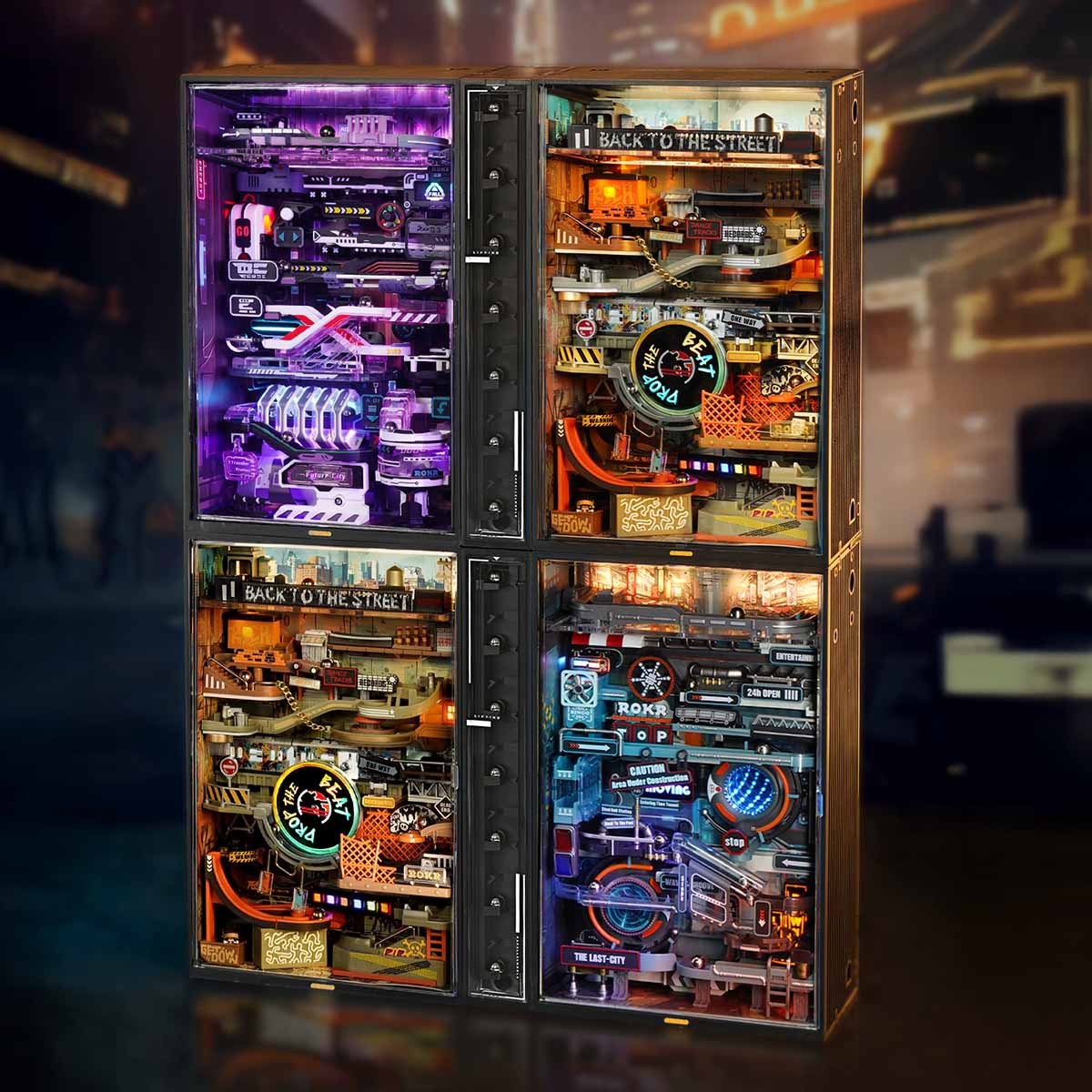 ROKR connected marble run city blocks displayed with colorful lighting
