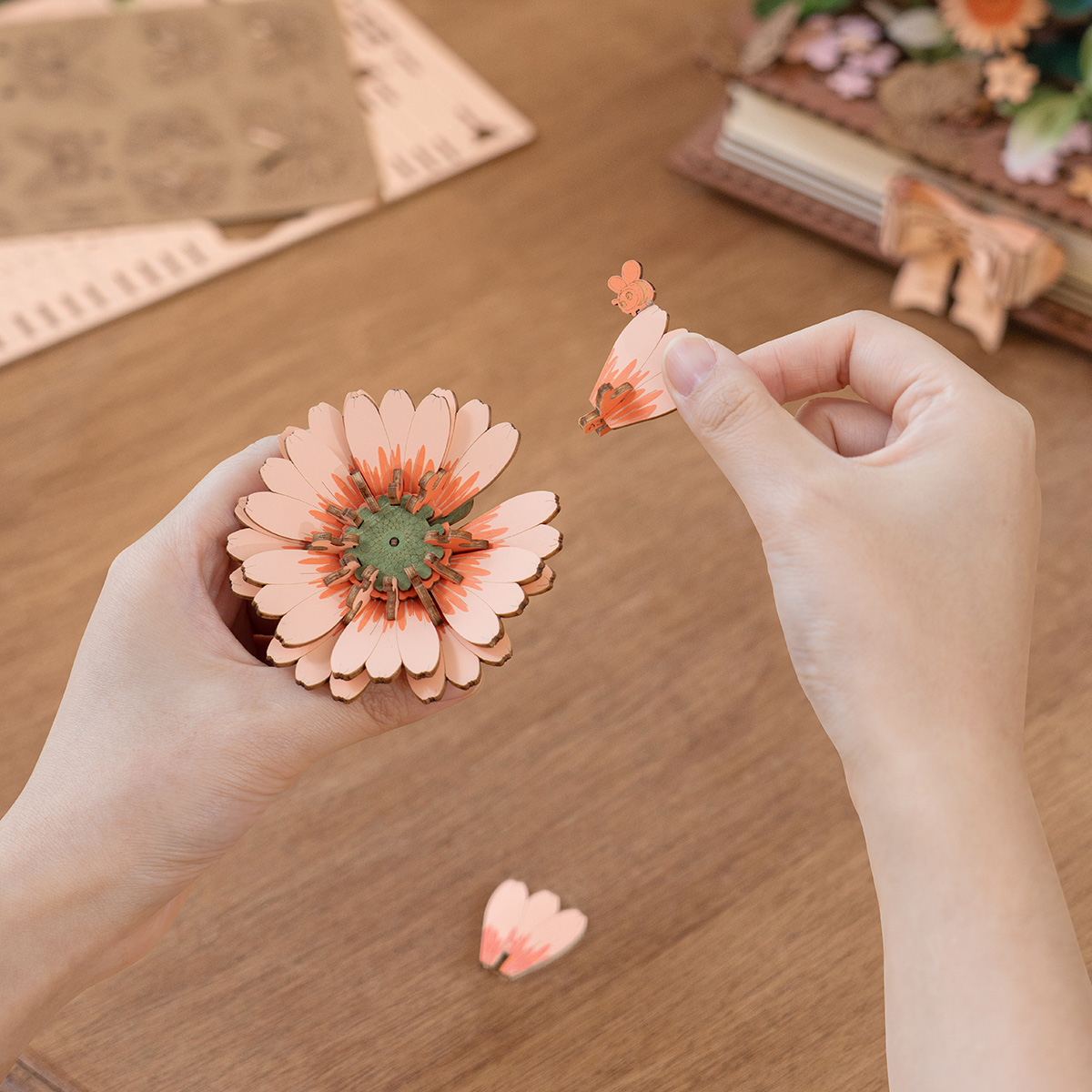 Wooden Blooming Book flower material sheet with stems, blossoms, and butterflies