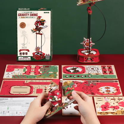 Santa on Skis assembly scene with wooden sheets and instructions