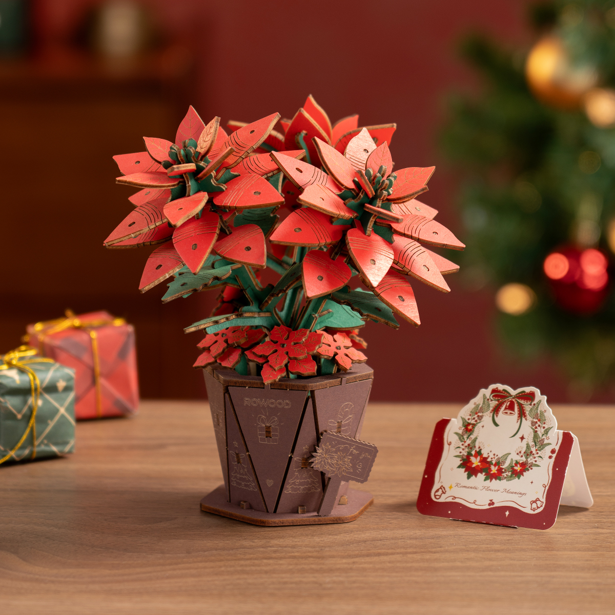 Rowood Poinsettia TF001 wooden flower bouquet with Christmas card