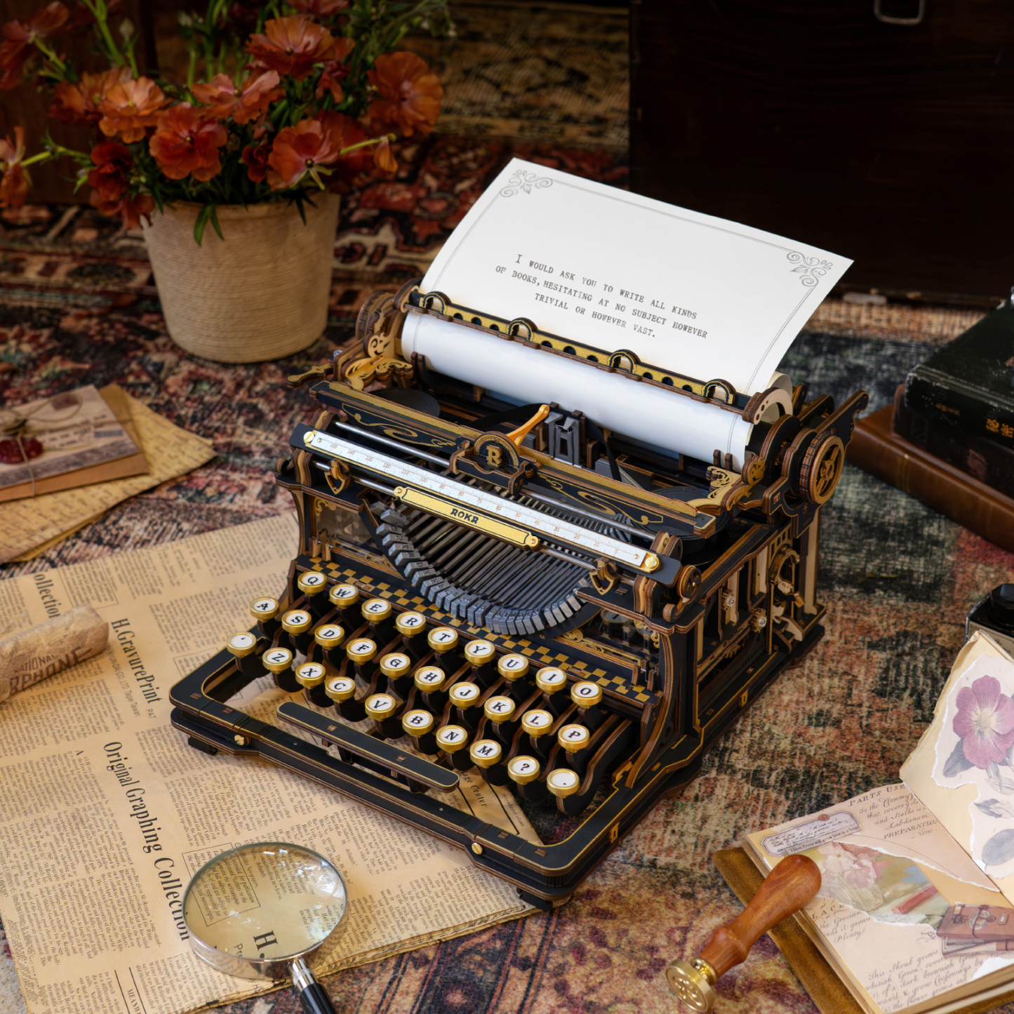 ROKR Mechanical Typewriter LK703B displayed with vintage desk accessories