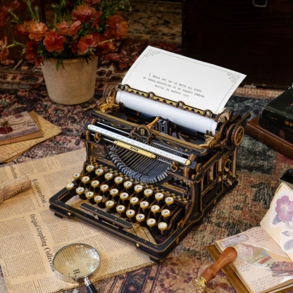 ROKR Mechanical Typewriter LK703B displayed with vintage desk accessories