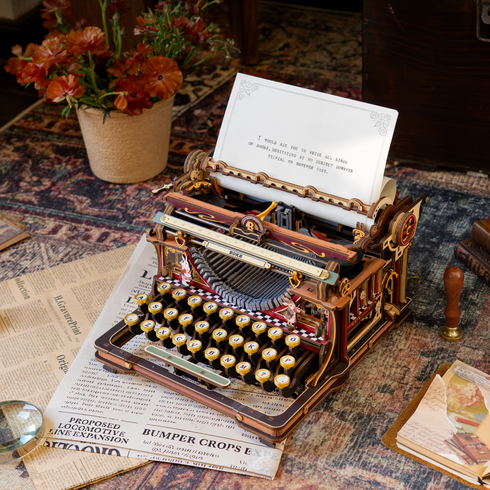 ROKR Mechanical Typewriter LK703C Magic Version on vintage tabletop